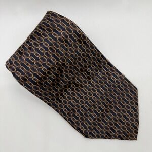 Yves Saint Laurent Mens Silk Tie Navy Blue Gold Chain Link Geometric Vintage YSL